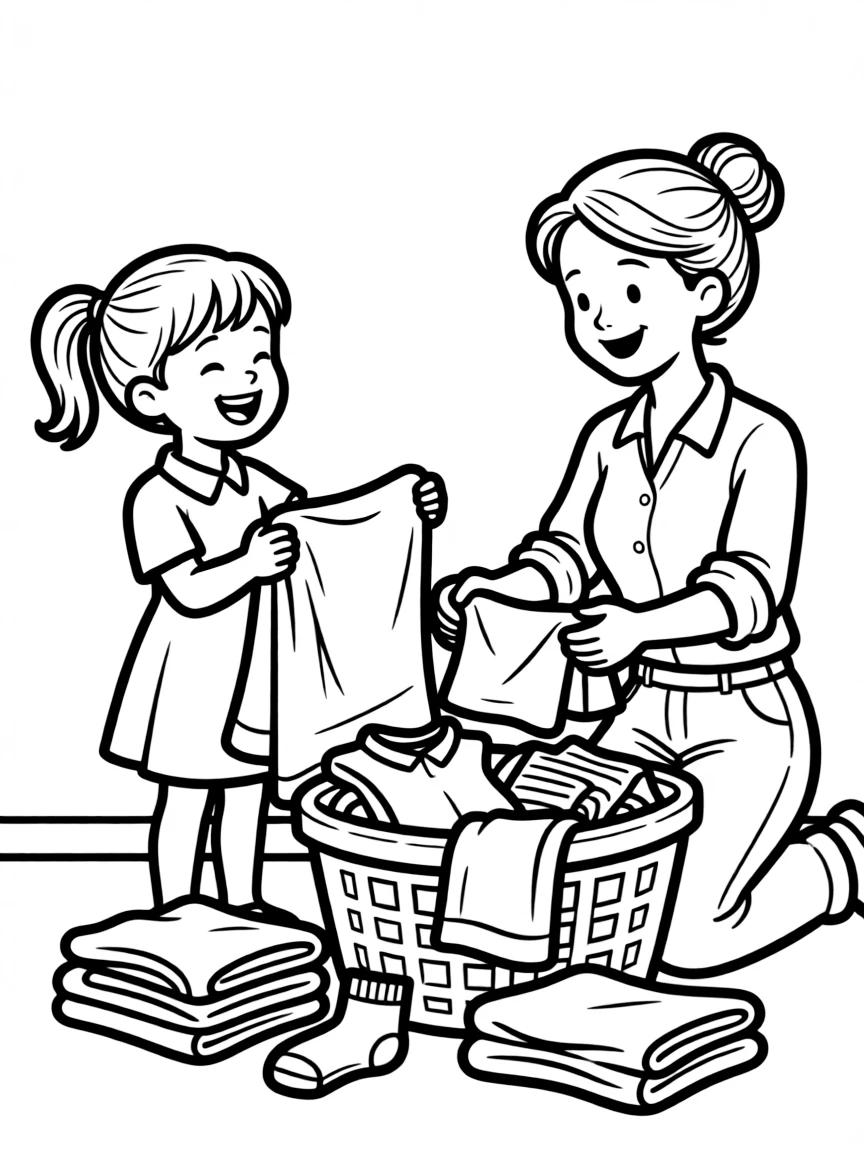 A girl helping her mom fold laundry, giggling as she tries to fold a large towel.