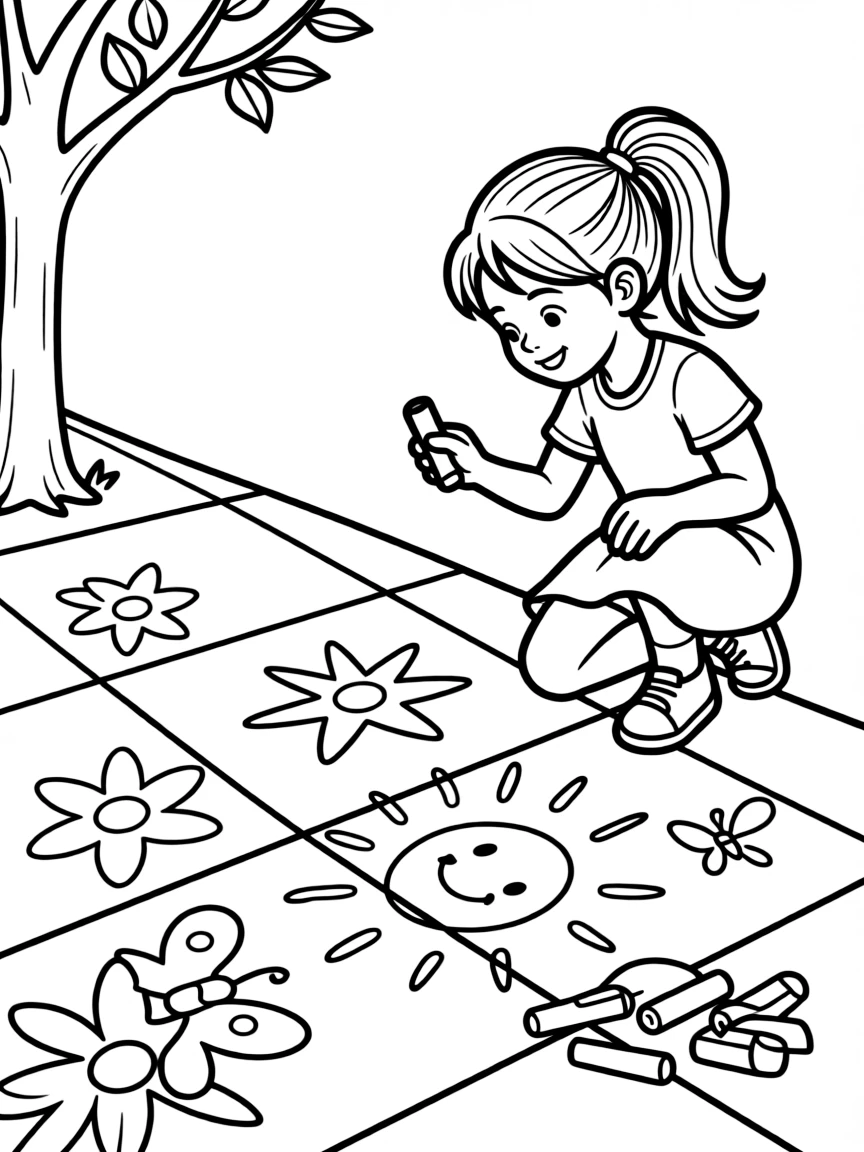 A girl drawing with chalk on the sidewalk, creating colorful pictures.