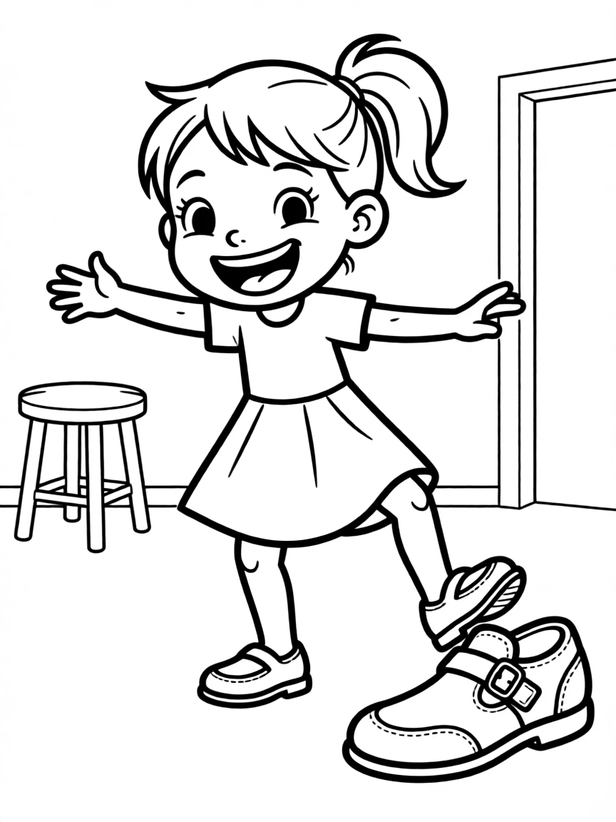 A girl trying on her mom's shoes, wobbling and laughing.