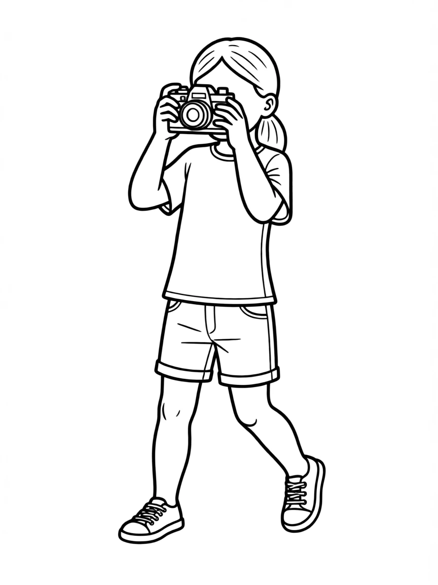 A girl pretending to be a photographer, holding a toy camera.