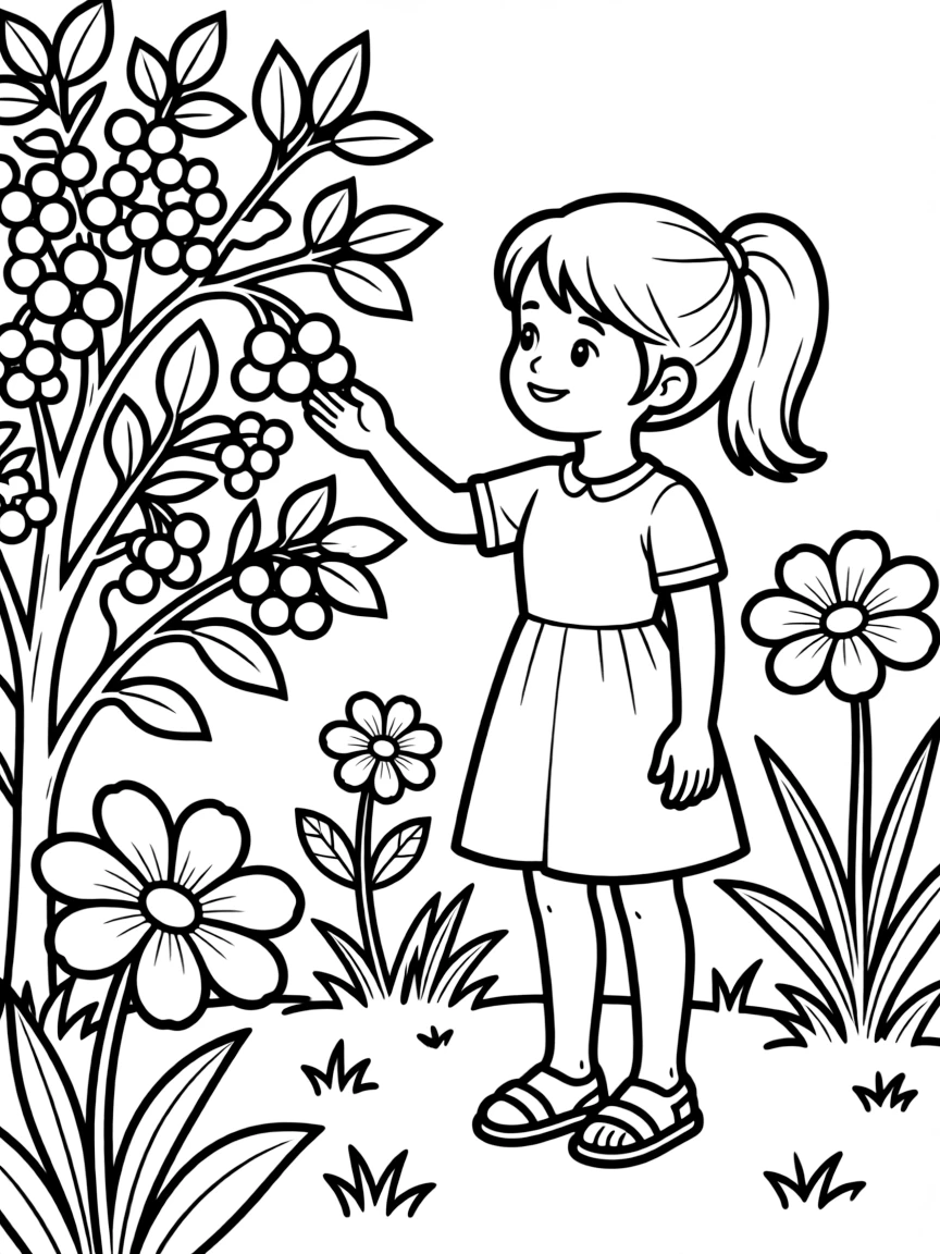 A girl in a garden, picking fresh berries from a bush.
