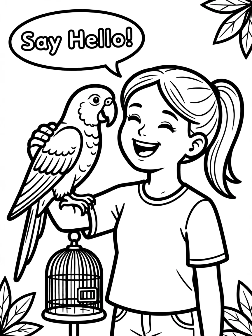 A girl teaching her pet parrot to talk, with the parrot perched on her shoulder.