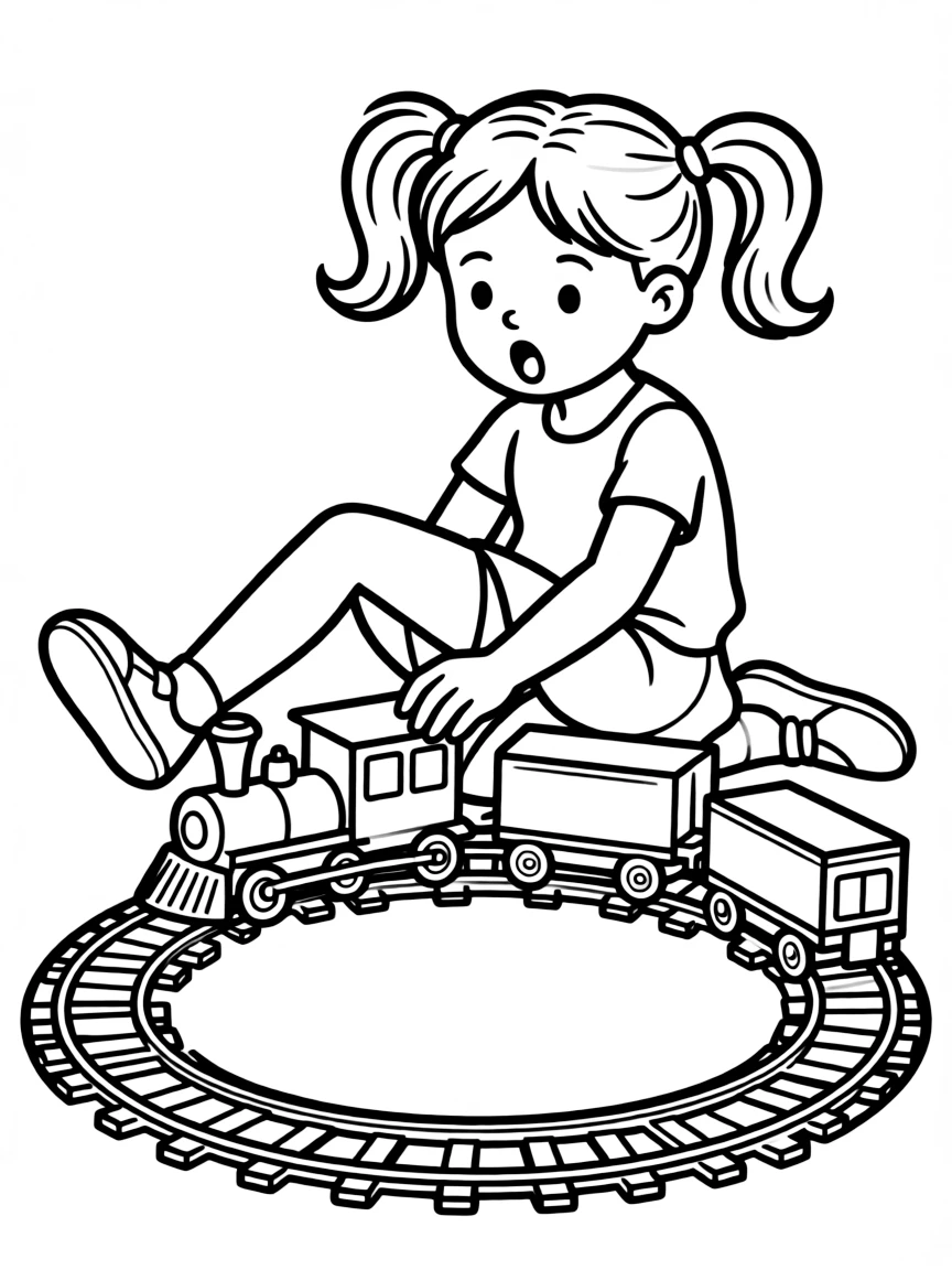 A girl playing with a train set on the floor, making train noises.