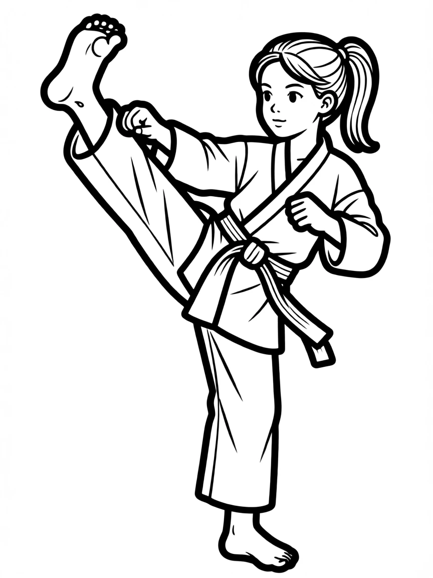 A girl in a karate gi, practicing a high kick with focus.
