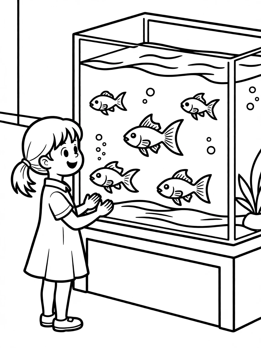 A girl looking at fish in an aquarium, fascinated by their movements.