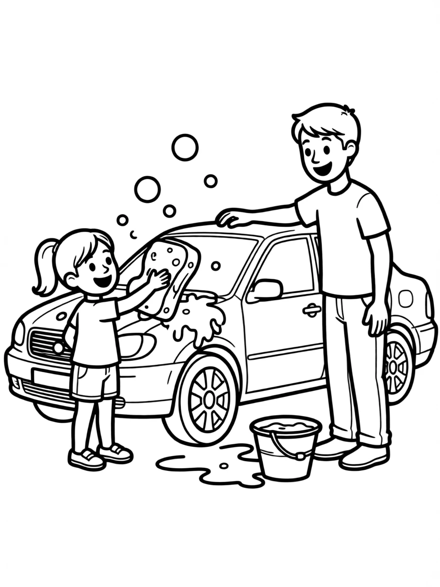 A girl helping her dad wash the car, holding a soapy sponge.