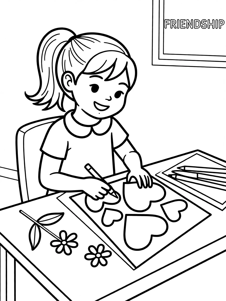 A girl making a greeting card for a friend, drawing hearts and flowers.