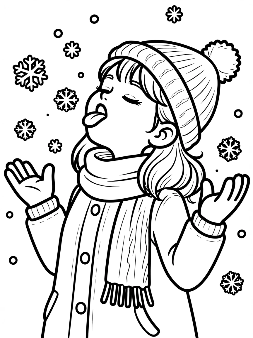 A girl in a warm hat and scarf, catching snowflakes on her tongue.