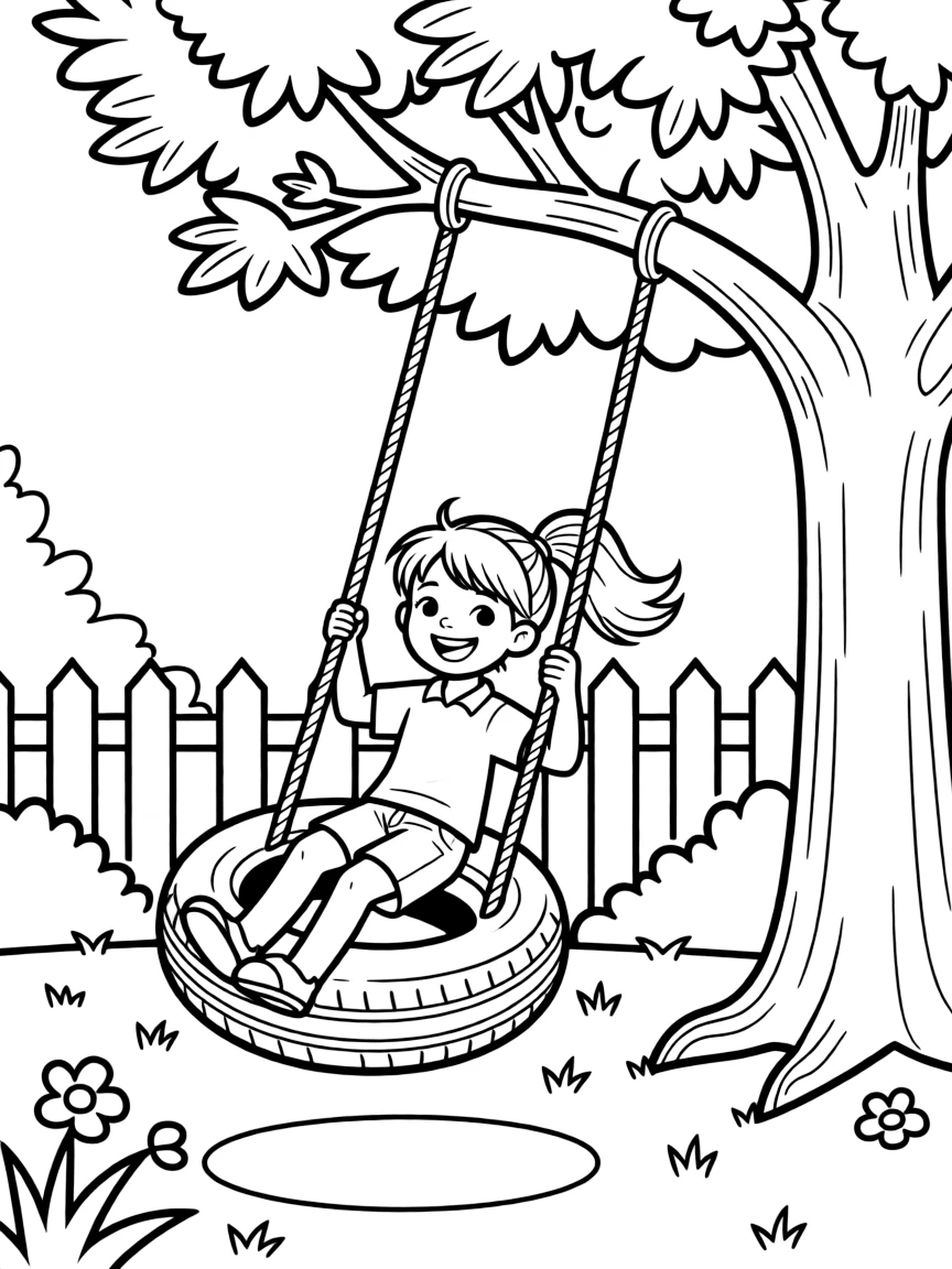 A girl swinging on a tire swing in a backyard.
