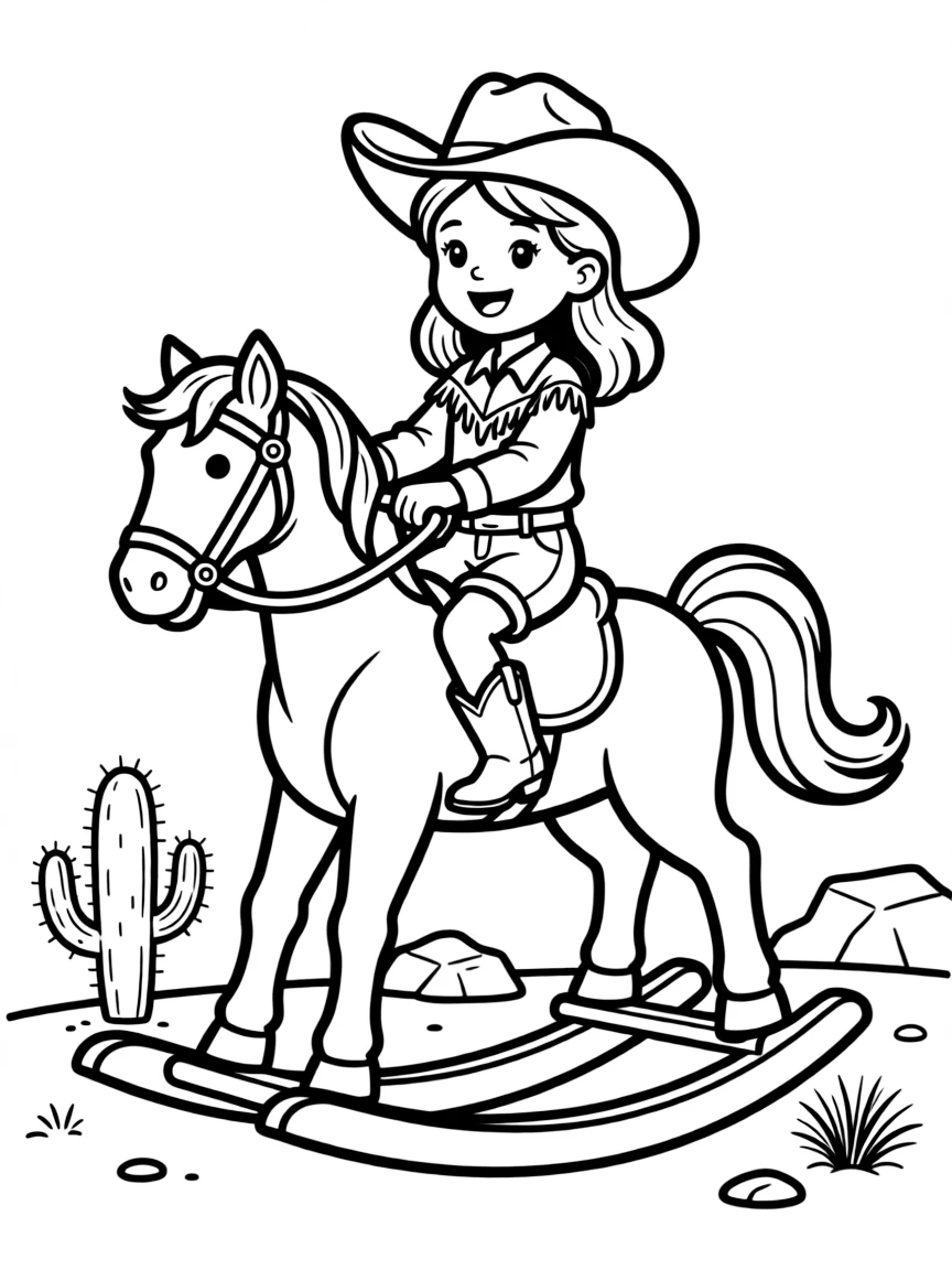A girl riding a rocking horse, pretending to be a cowgirl.