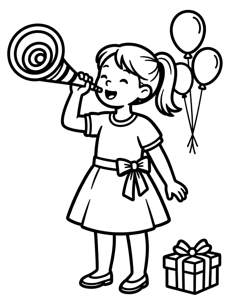 A girl blowing a party horn, celebrating a special occasion.