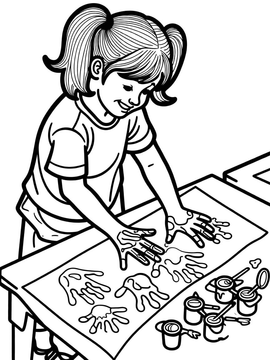 A girl playing with finger paints, making colorful handprints.