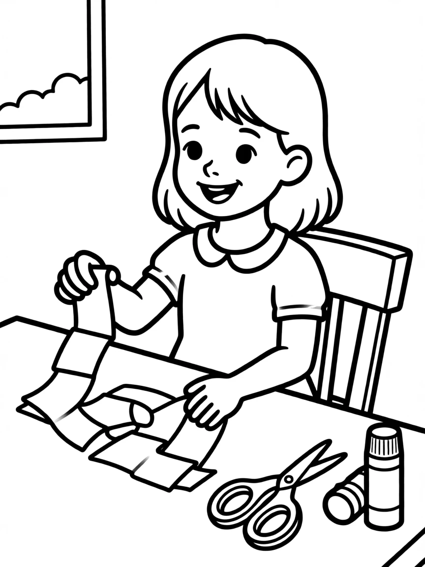 A girl making a paper chain decoration.
