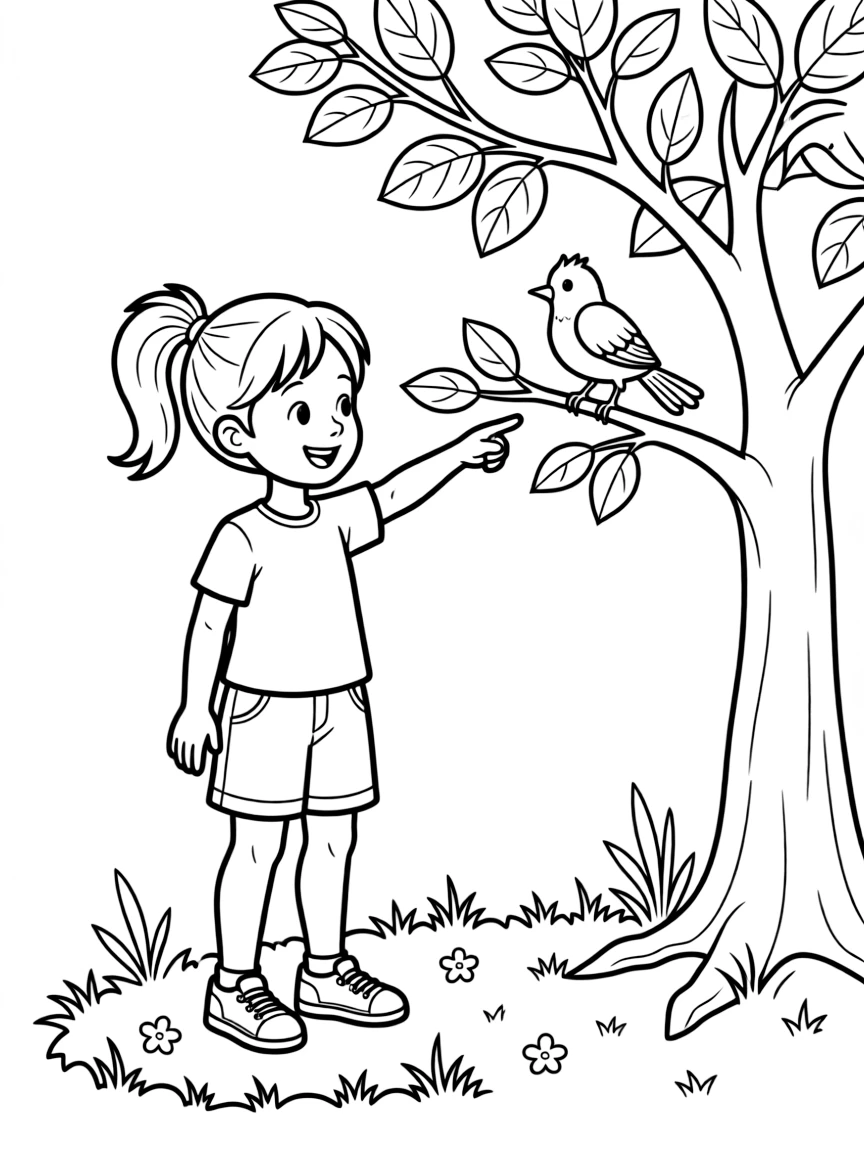 A girl on a nature walk, pointing at a bird in a tree.