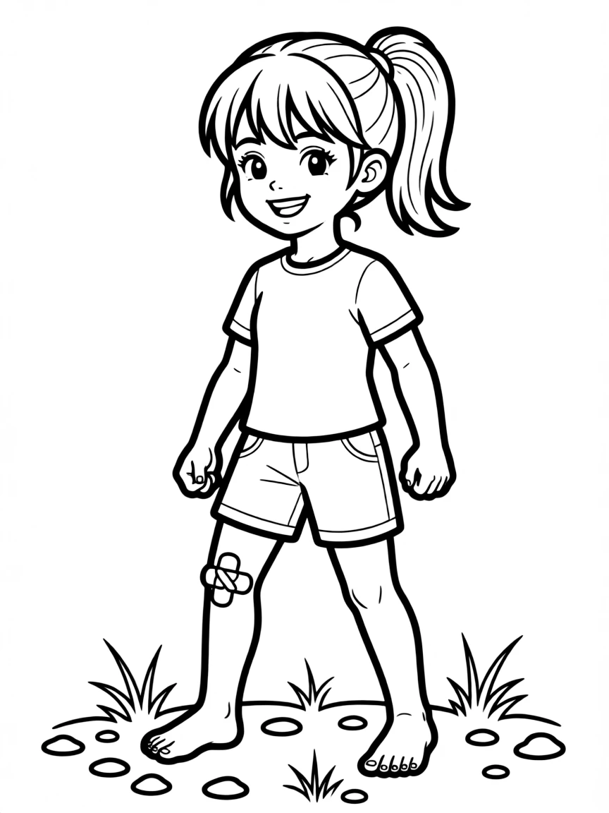 A girl with a band-aid on her knee, bravely smiling after a small tumble.