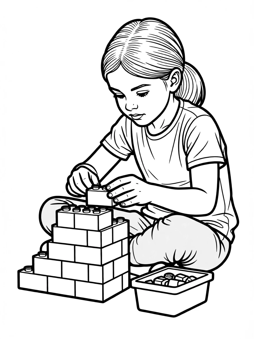 A girl building a Lego castle, concentrating on each brick.
