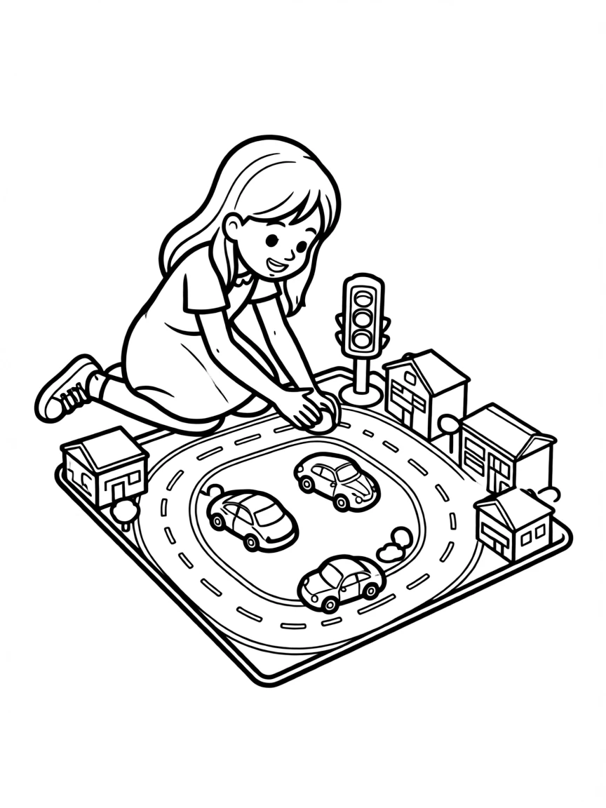 A girl playing with toy cars on a playmat road.