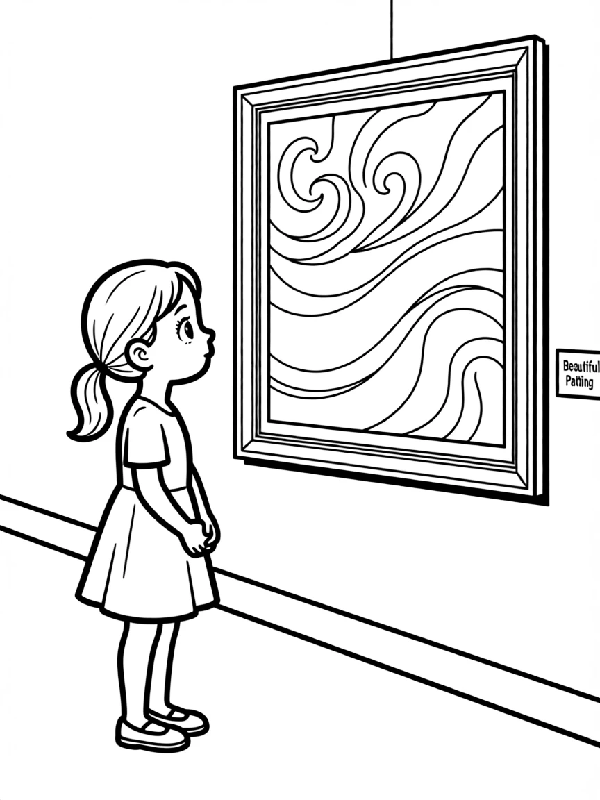 A girl at an art museum, looking at a beautiful painting with wide eyes.