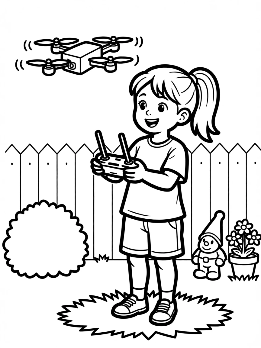 A girl flying a small toy drone in her backyard.