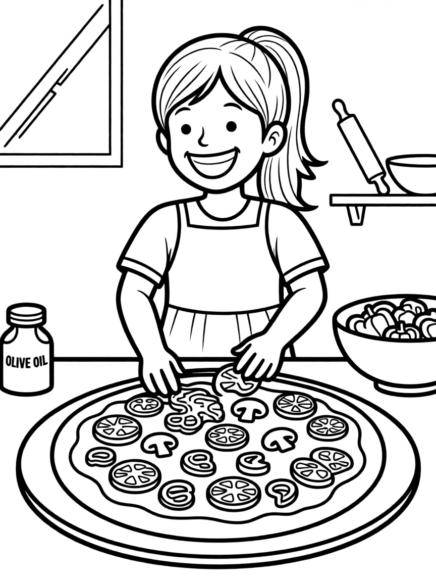 A girl making a pizza, adding toppings with a big smile.