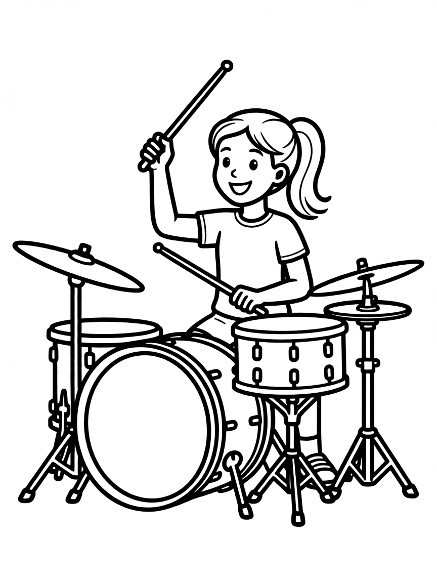 A girl playing the drums with drumsticks, making rhythmic beats.