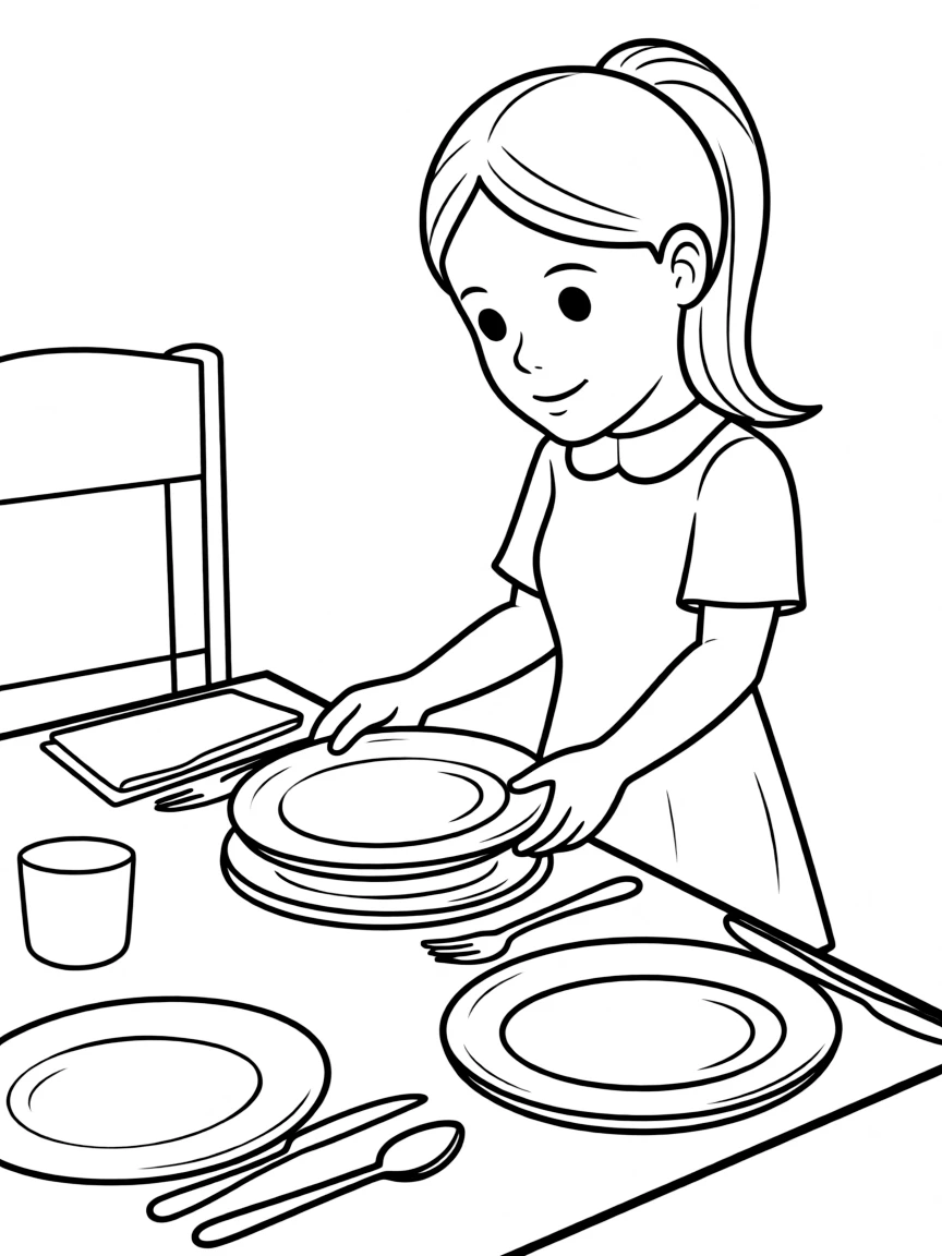 A girl helping to set the table for dinner, placing plates carefully.