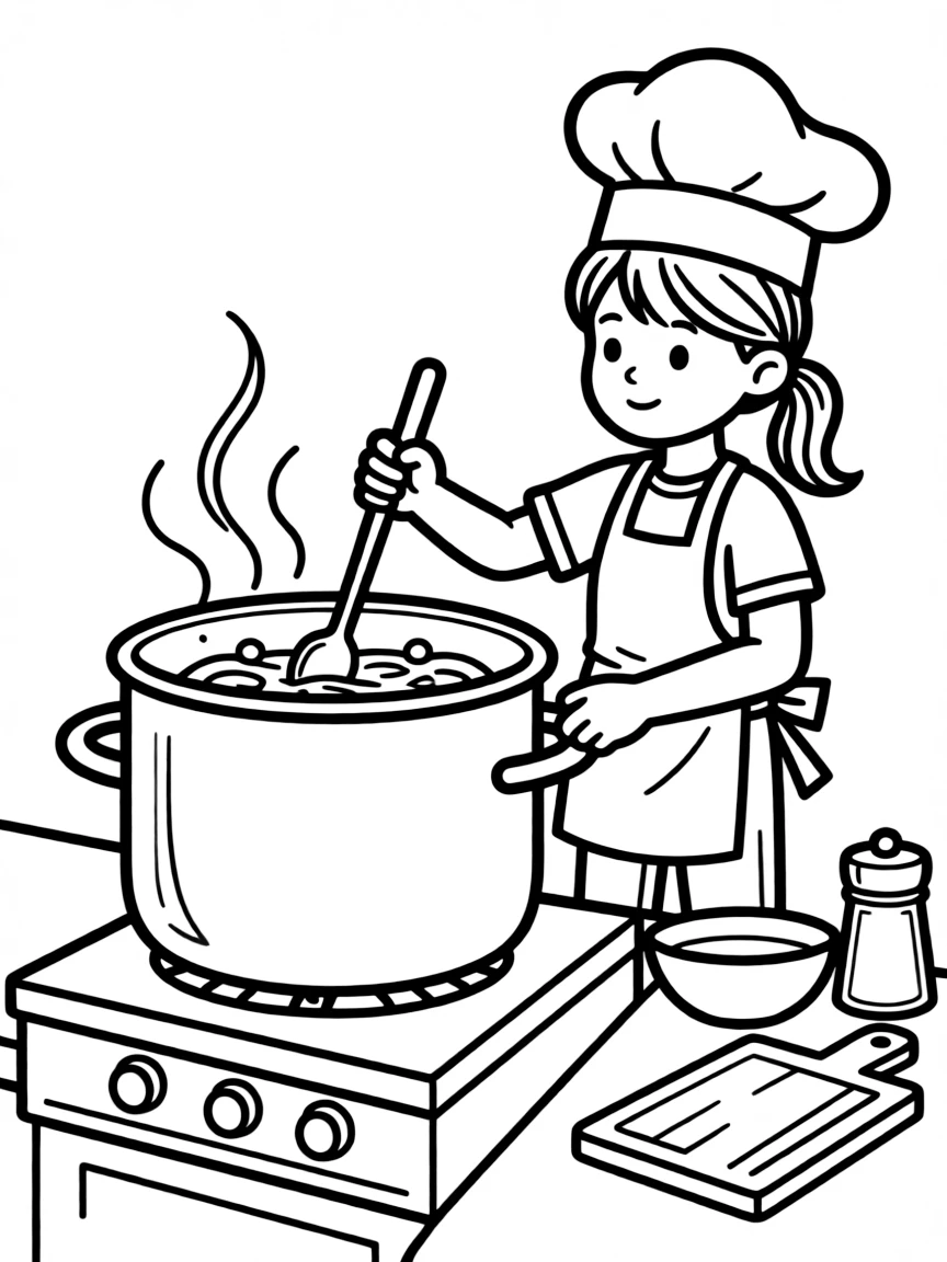 A girl pretending to be a chef, stirring a pot with a spoon.