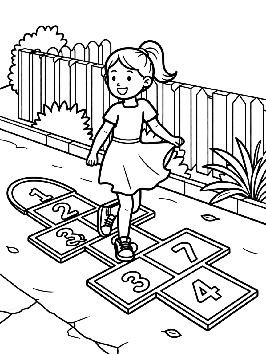 A girl playing hopscotch on the sidewalk.
