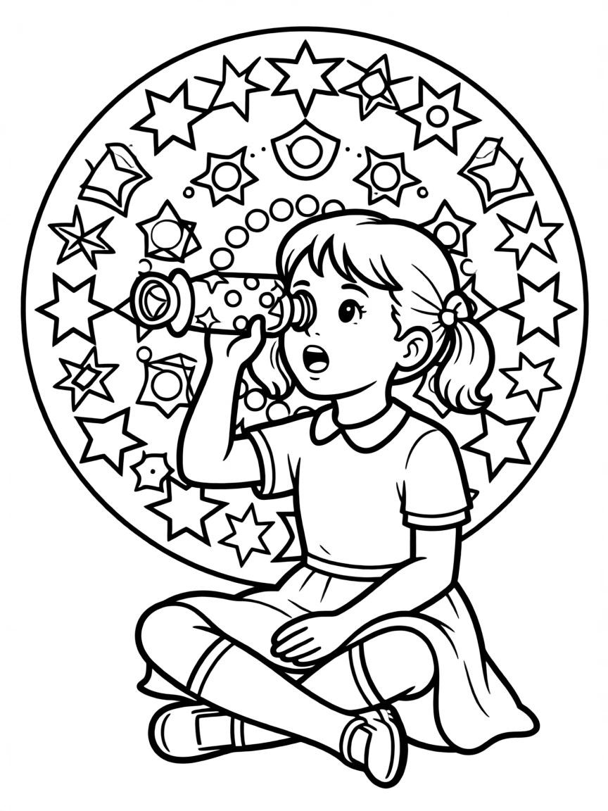 A girl looking through a kaleidoscope, mesmerized by the patterns.