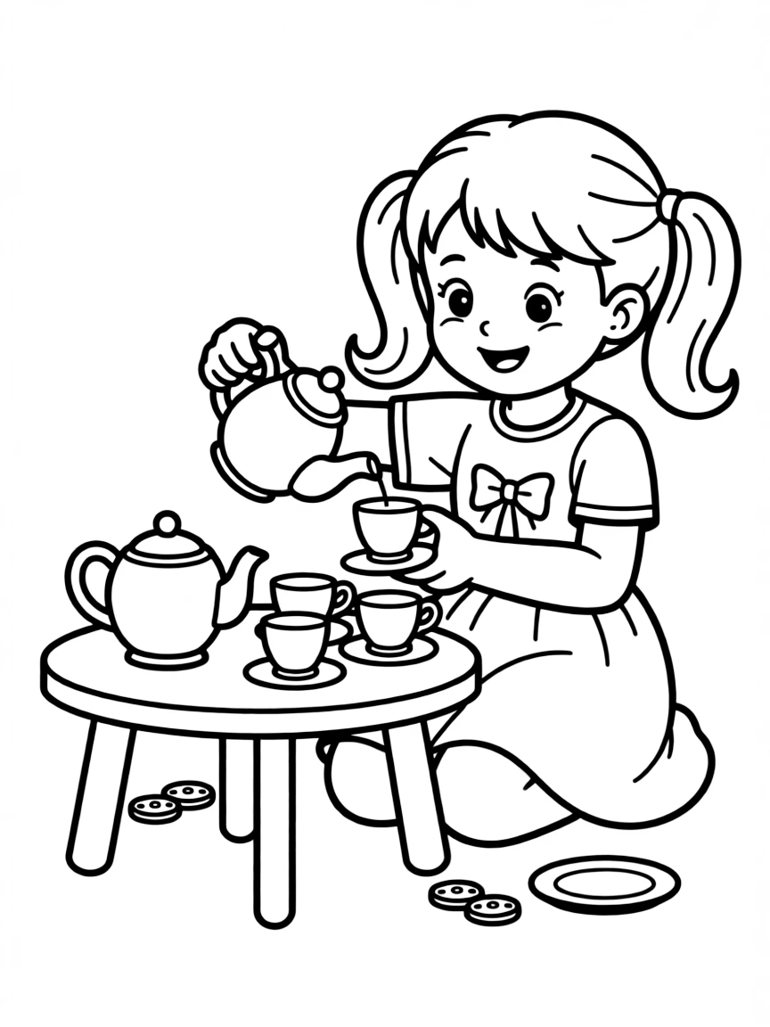 A girl playing with a toy tea set, pouring imaginary tea.