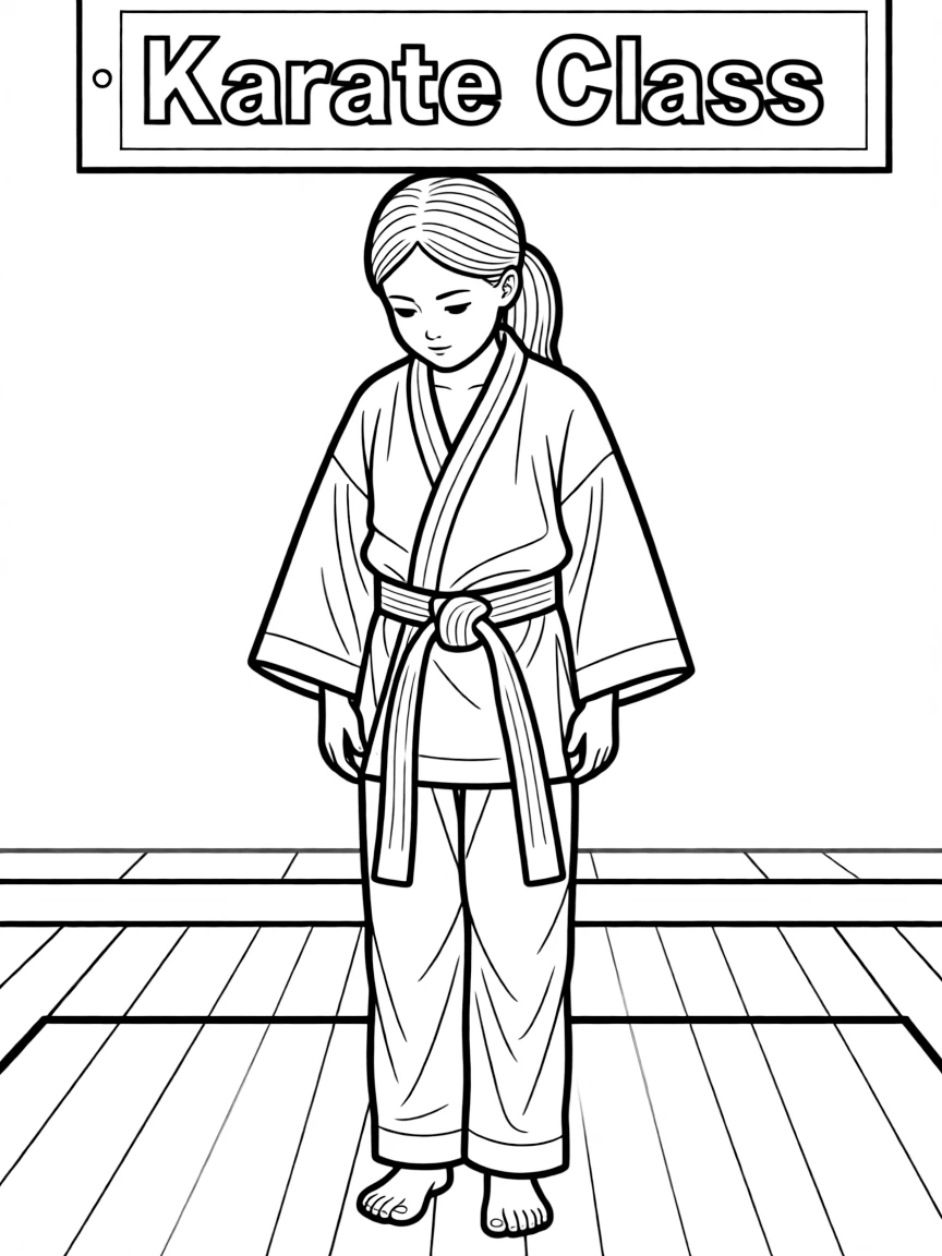 A girl in a karate class, bowing respectfully.