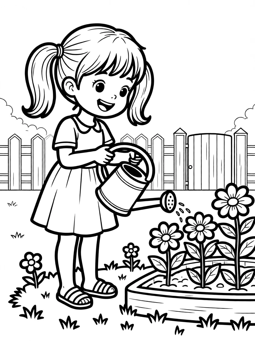 A girl helping to water the garden with a small watering can.