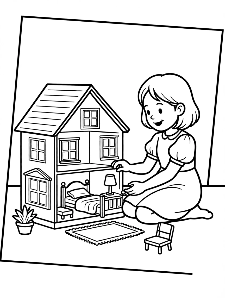 A girl playing with a miniature dollhouse, arranging tiny furniture.