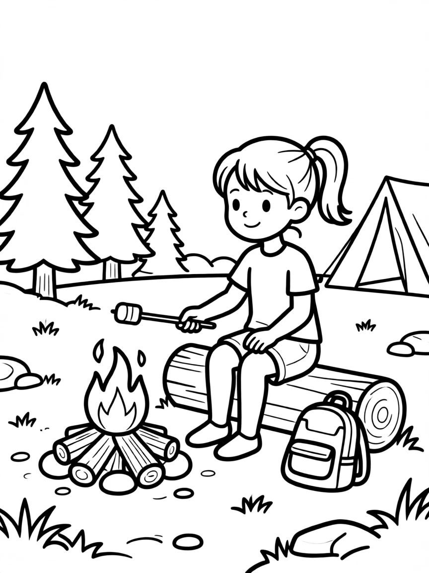A girl on a camping trip, roasting marshmallows over a campfire.