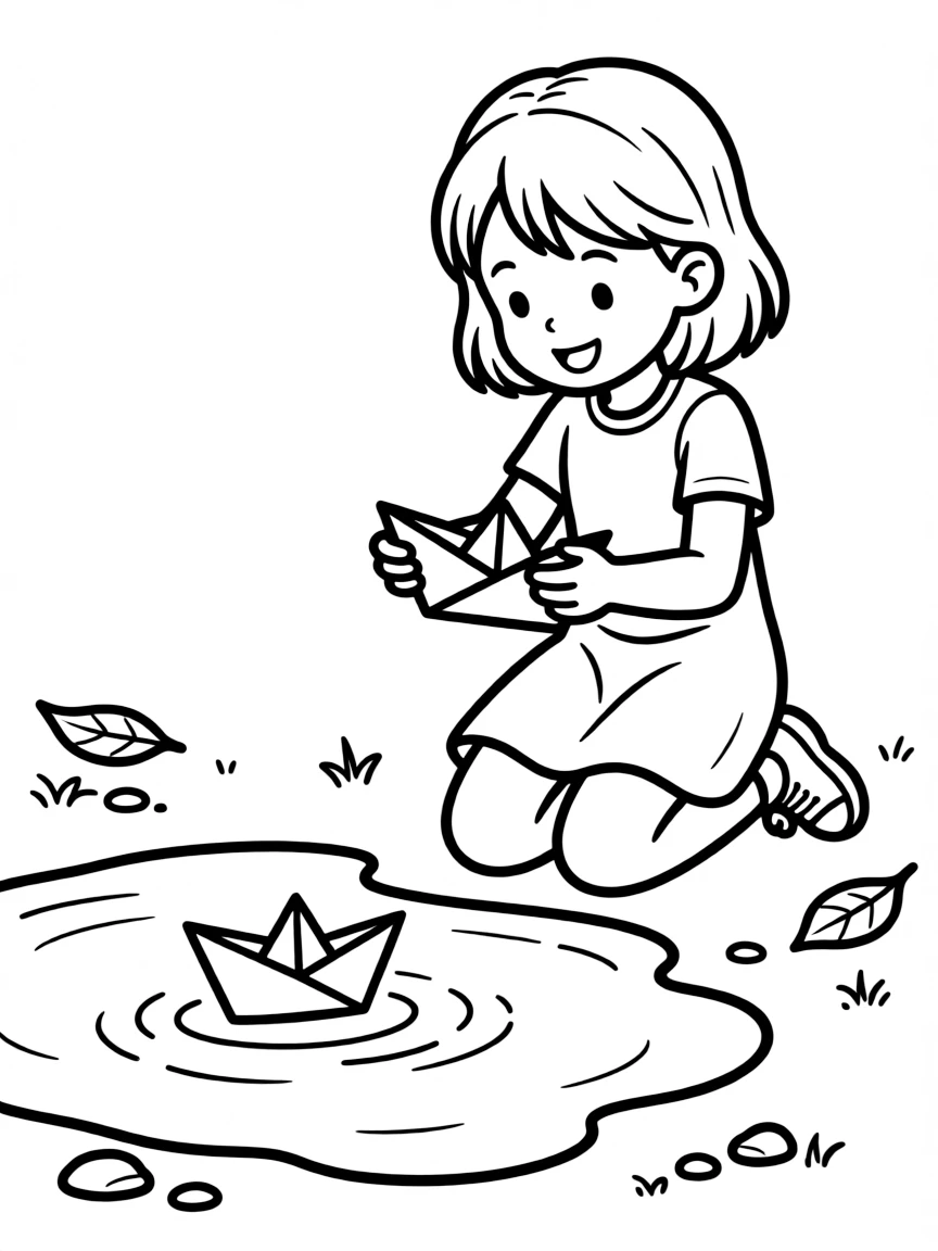 A girl making a paper boat and floating it in a puddle.