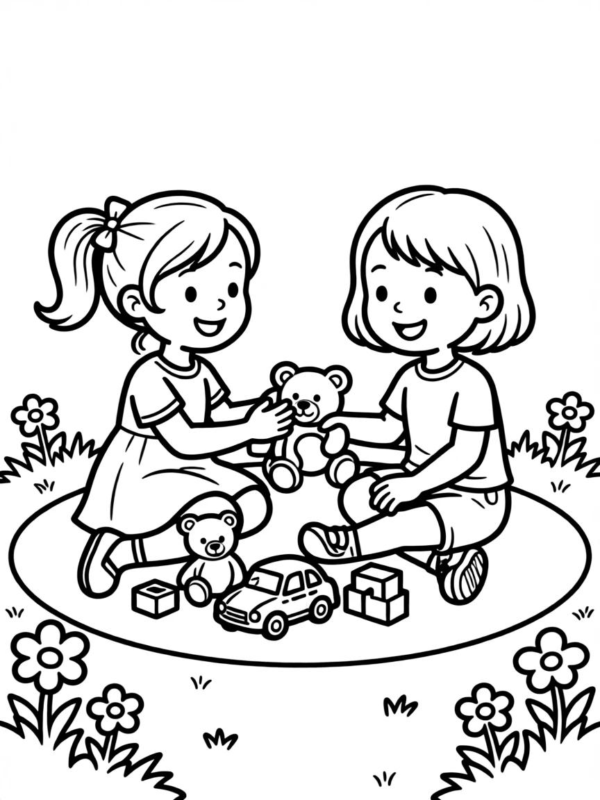 A girl sharing her toys with a friend, smiling kindly.
