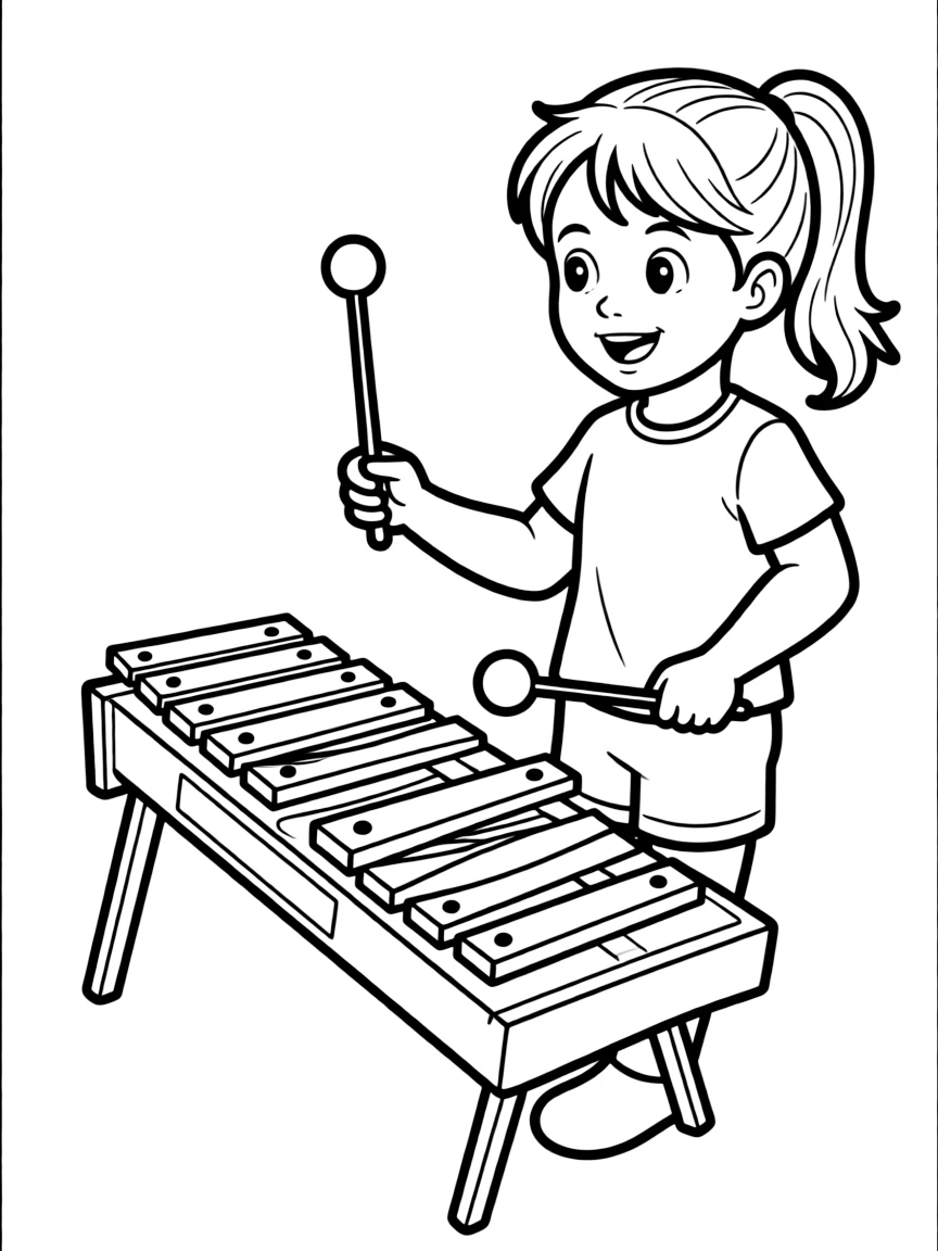 A girl playing a xylophone with mallets.