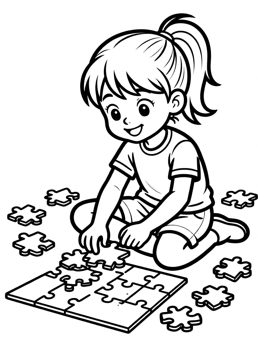 A girl doing a puzzle on the floor, surrounded by pieces.