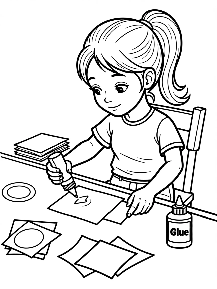 A girl making a collage with colorful paper and glue.