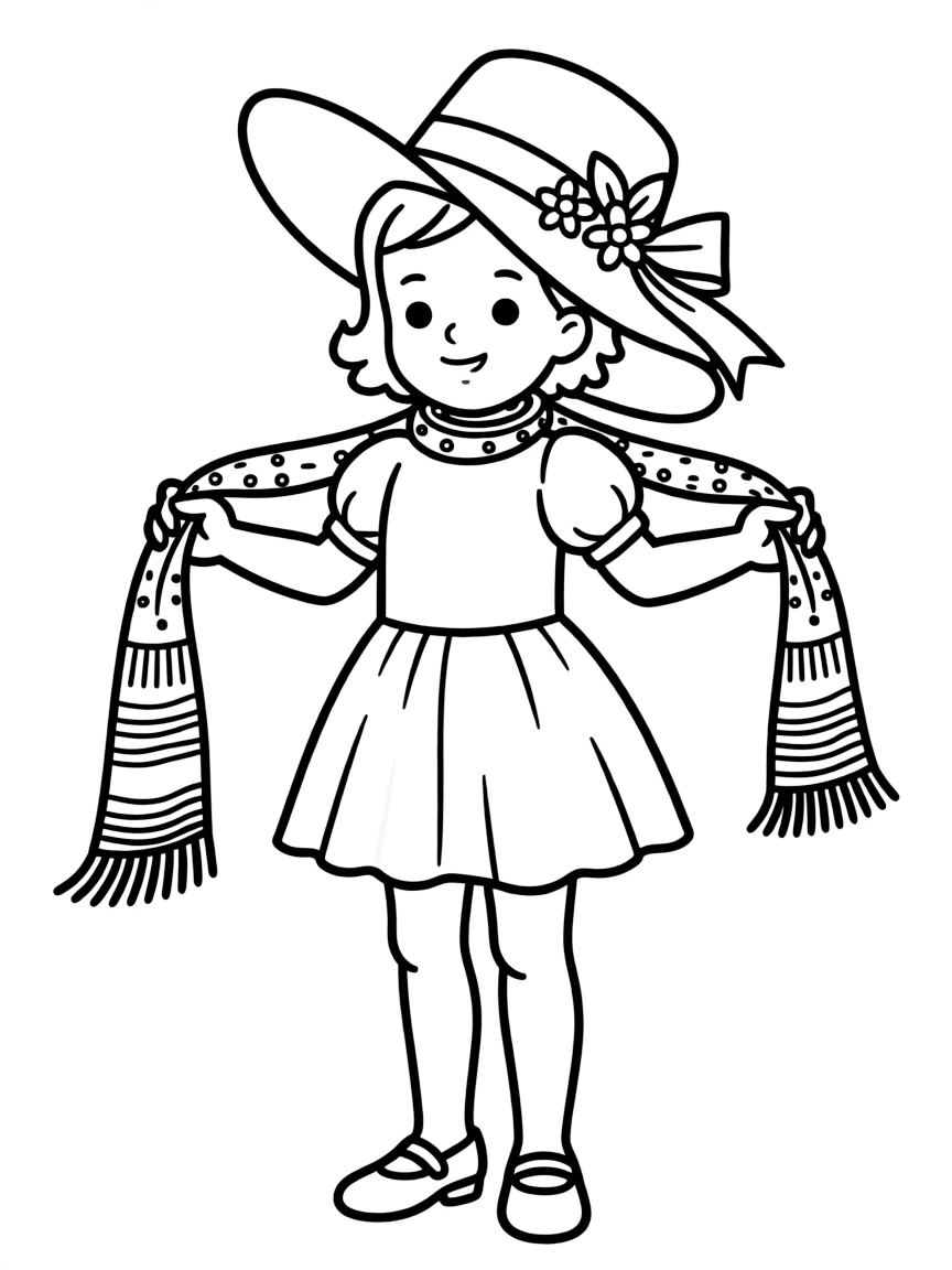 A girl playing dress-up with a fancy hat and scarf.