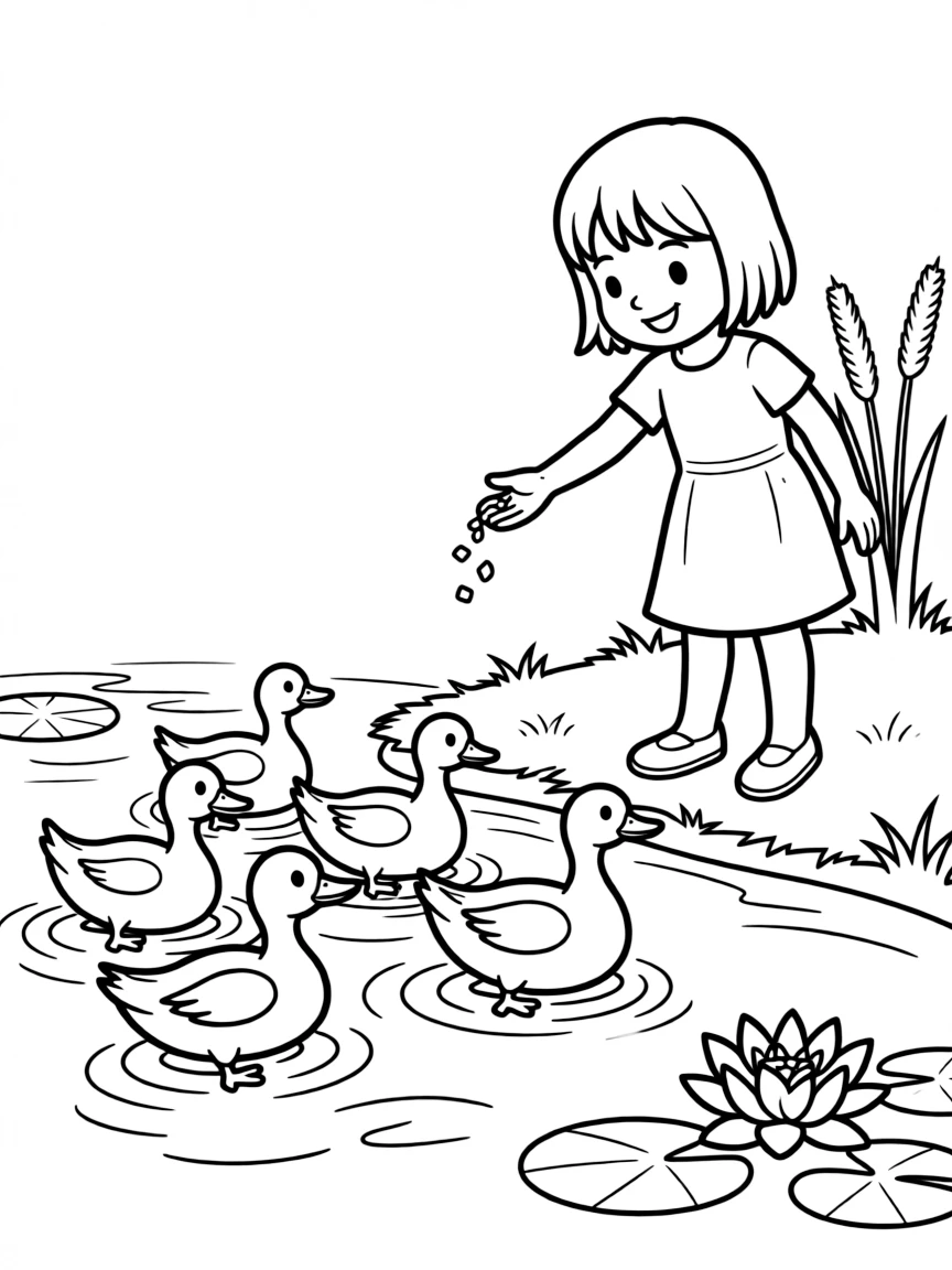 A girl feeding ducks at a pond, with ducks swimming towards her.