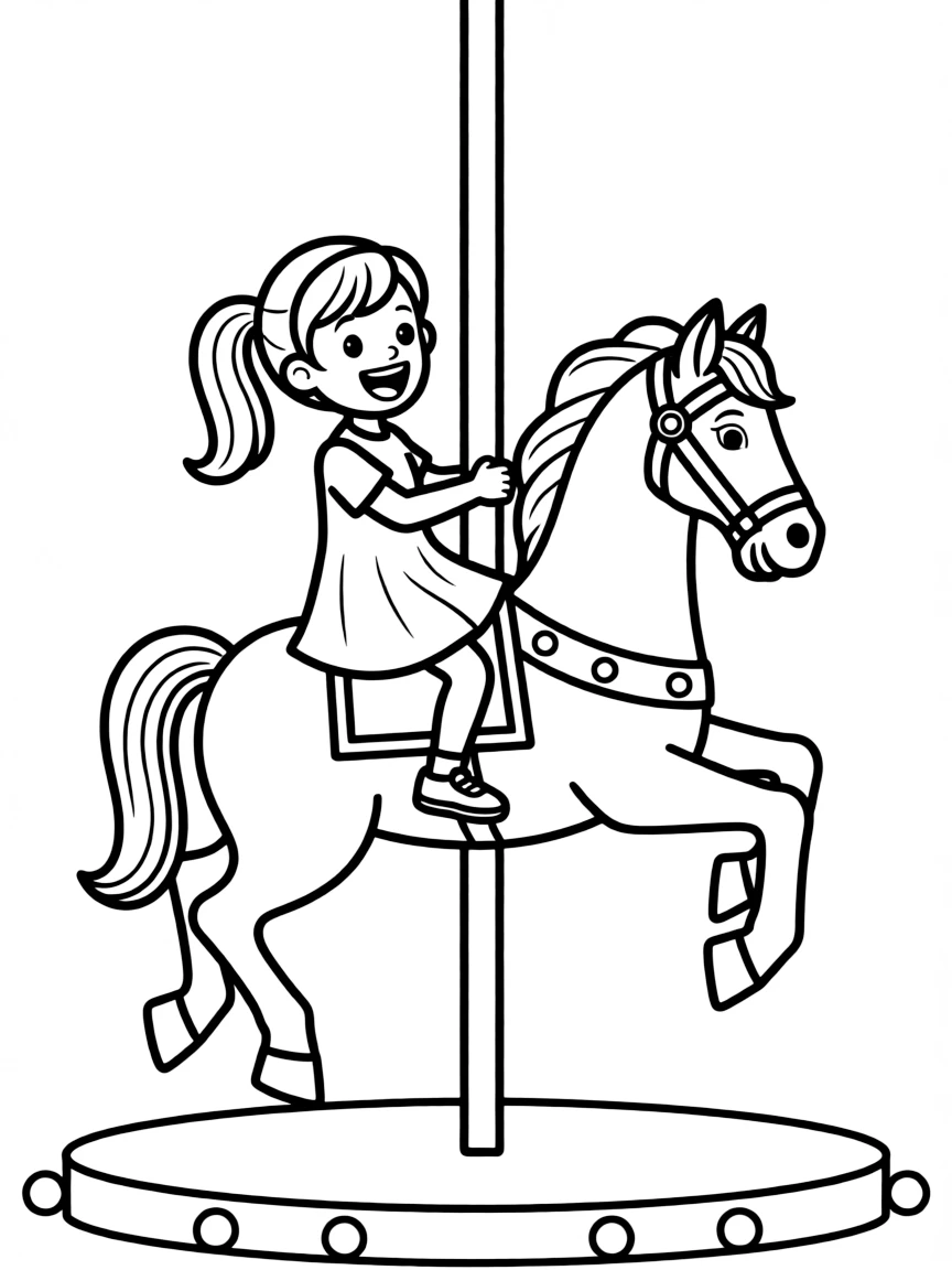A girl riding a carousel horse, laughing joyfully.