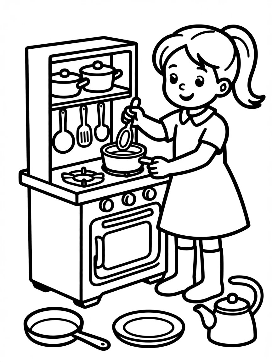 A girl playing with a toy kitchen, cooking imaginary food.