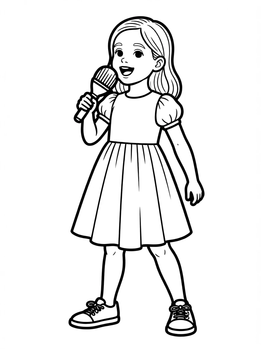 A girl pretending to be a singer, holding a brush as a microphone.