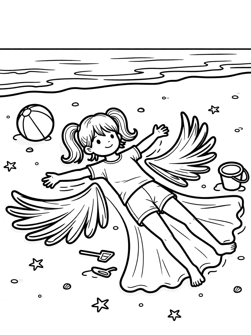 A girl making a sand angel on the beach.
