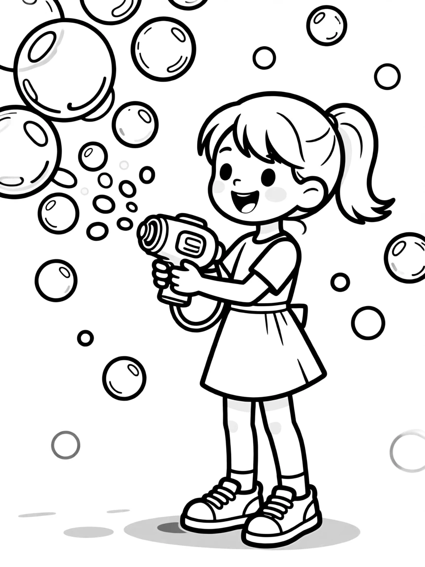 A girl playing with a bubble machine, surrounded by bubbles.