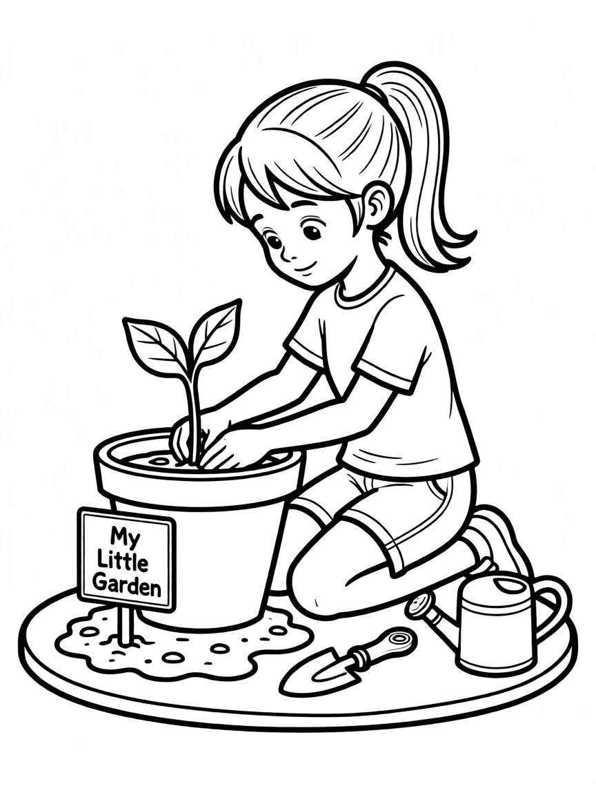 A girl planting a small seedling in a pot.