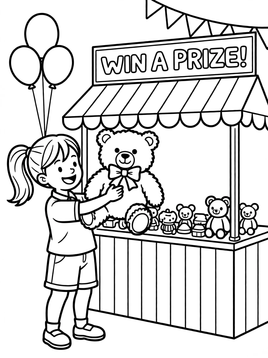 A girl at a fair, winning a prize at a carnival game.