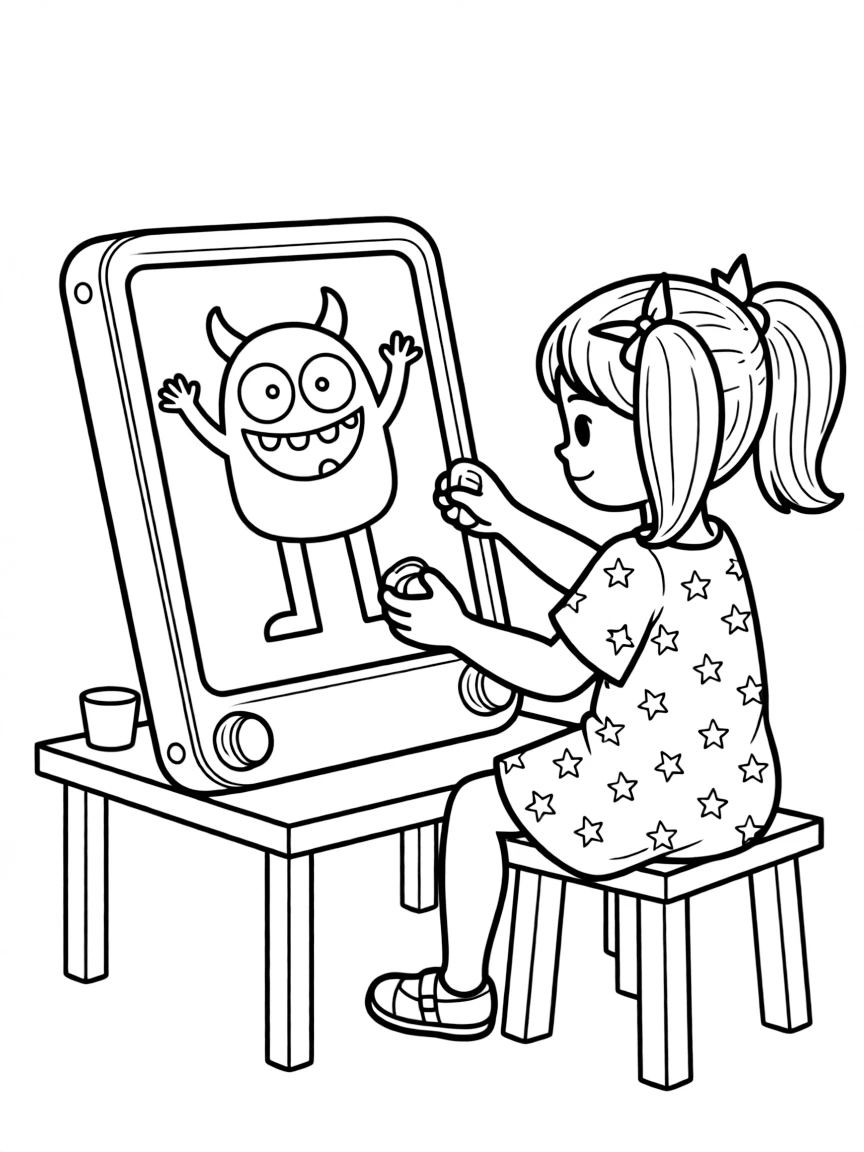 A girl drawing on an Etch-a-Sketch, creating a funny picture.