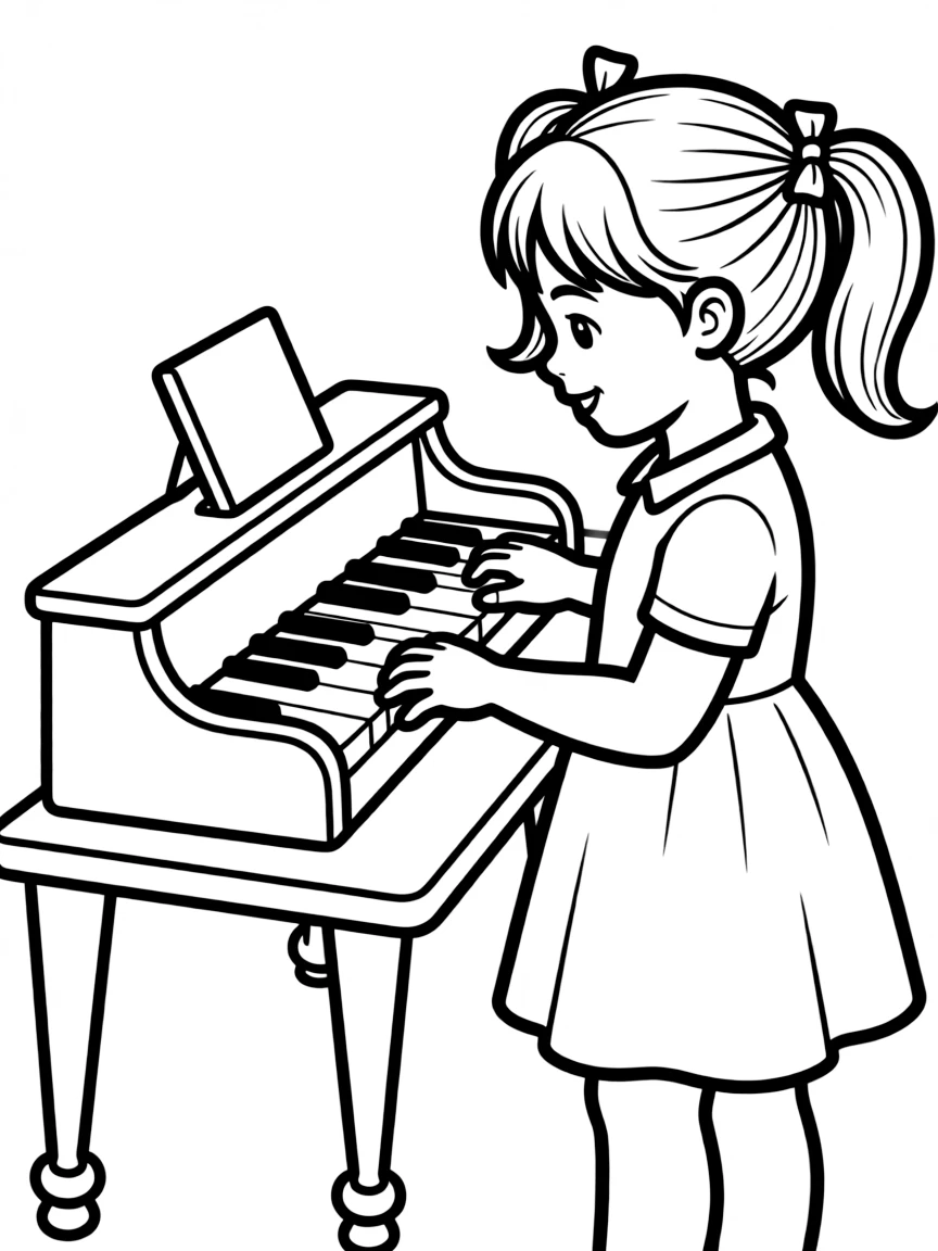 A girl playing a toy piano, pressing the keys.